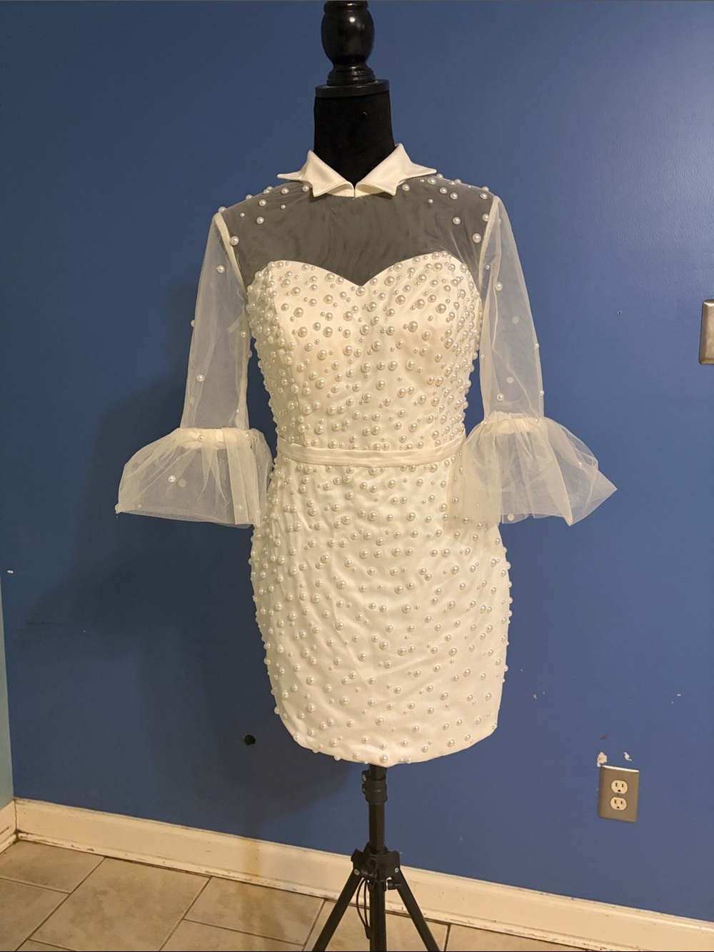 Pearl-Embellished White Sheer-Sleeve Mini Dress